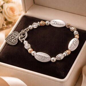 Dream, Believe and Achieve Silver Bracelet with Heart with Pearl Spacer